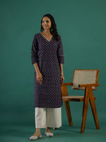 Indigo Ethnic Motif Printed Cotton Straight Kurta - SanskrutiHomes 