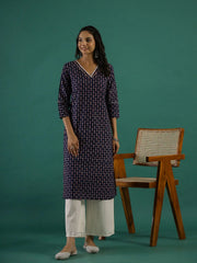 Indigo Ethnic Motif Printed Cotton Straight Kurta - SanskrutiHomes 