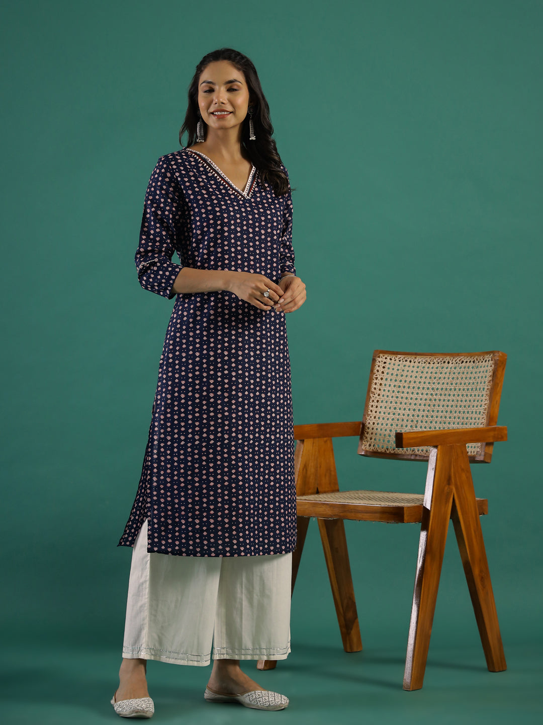 Indigo Ethnic Motif Printed Cotton Straight Kurta - SanskrutiHomes 
