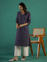 Indigo Ethnic Motif Printed Cotton Straight Kurta - SanskrutiHomes 