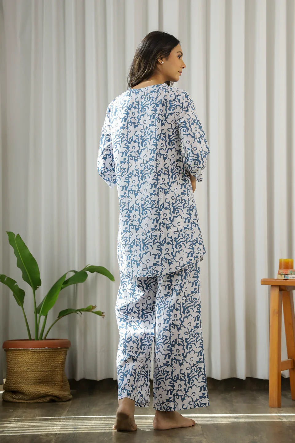 Blue & White Printed Loungewear Set - SanskrutiHomes 