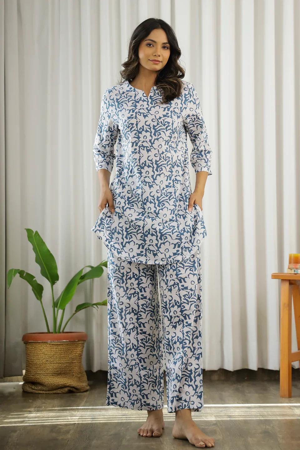 Blue & White Printed Loungewear Set - SanskrutiHomes 