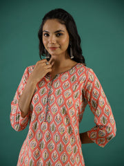Pink Ethnic Motif Printed Cotton Straight Kurta - SanskrutiHomes 
