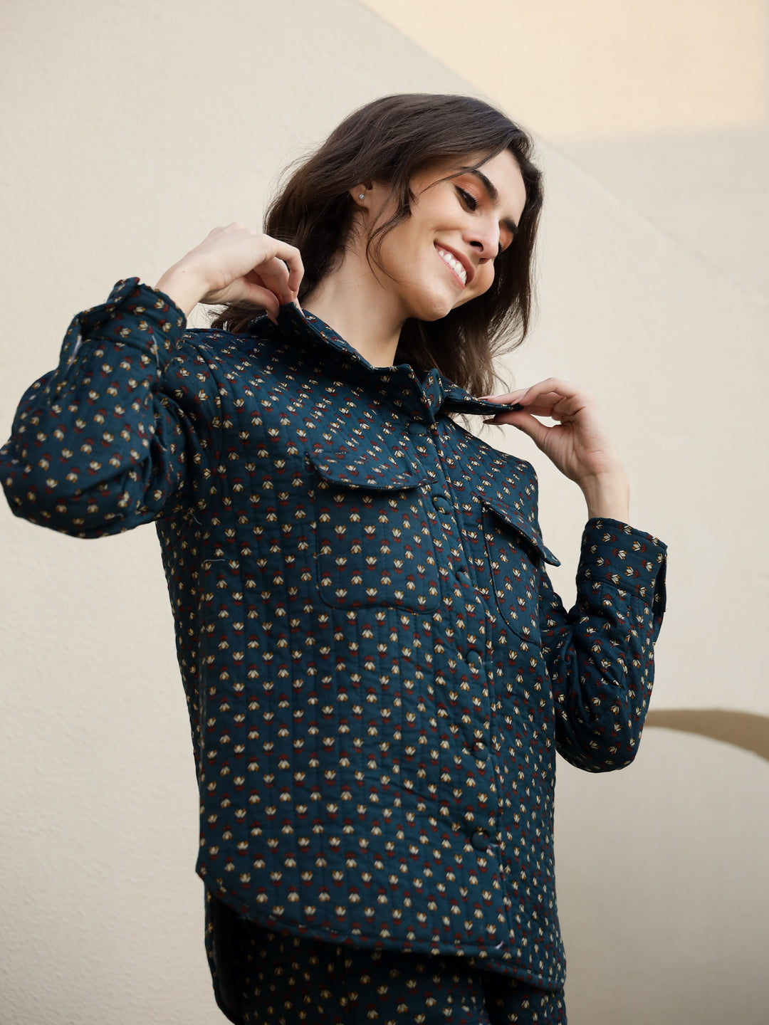 Blue Floral Printed Quilted Co-Ords Set