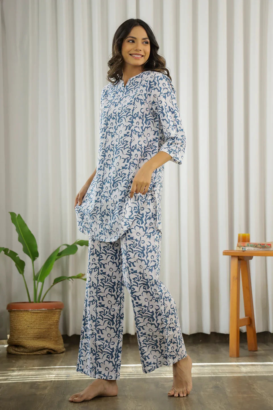 Blue & White Printed Loungewear Set - SanskrutiHomes 