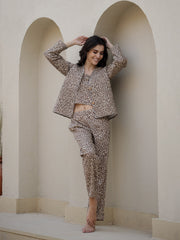 Brown Abstract Print V-Neck Pure Cotton Co-Ord Set For Women