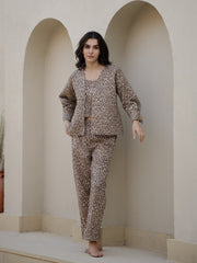 Brown Abstract Print V-Neck Pure Cotton Co-Ord Set For Women