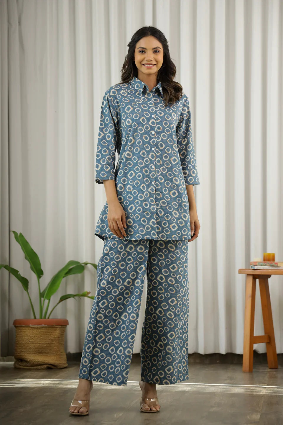 Blue Cotton palazzo Co-ord Set - SanskrutiHomes 