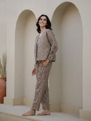 Brown Abstract Print V-Neck Pure Cotton Co-Ord Set For Women