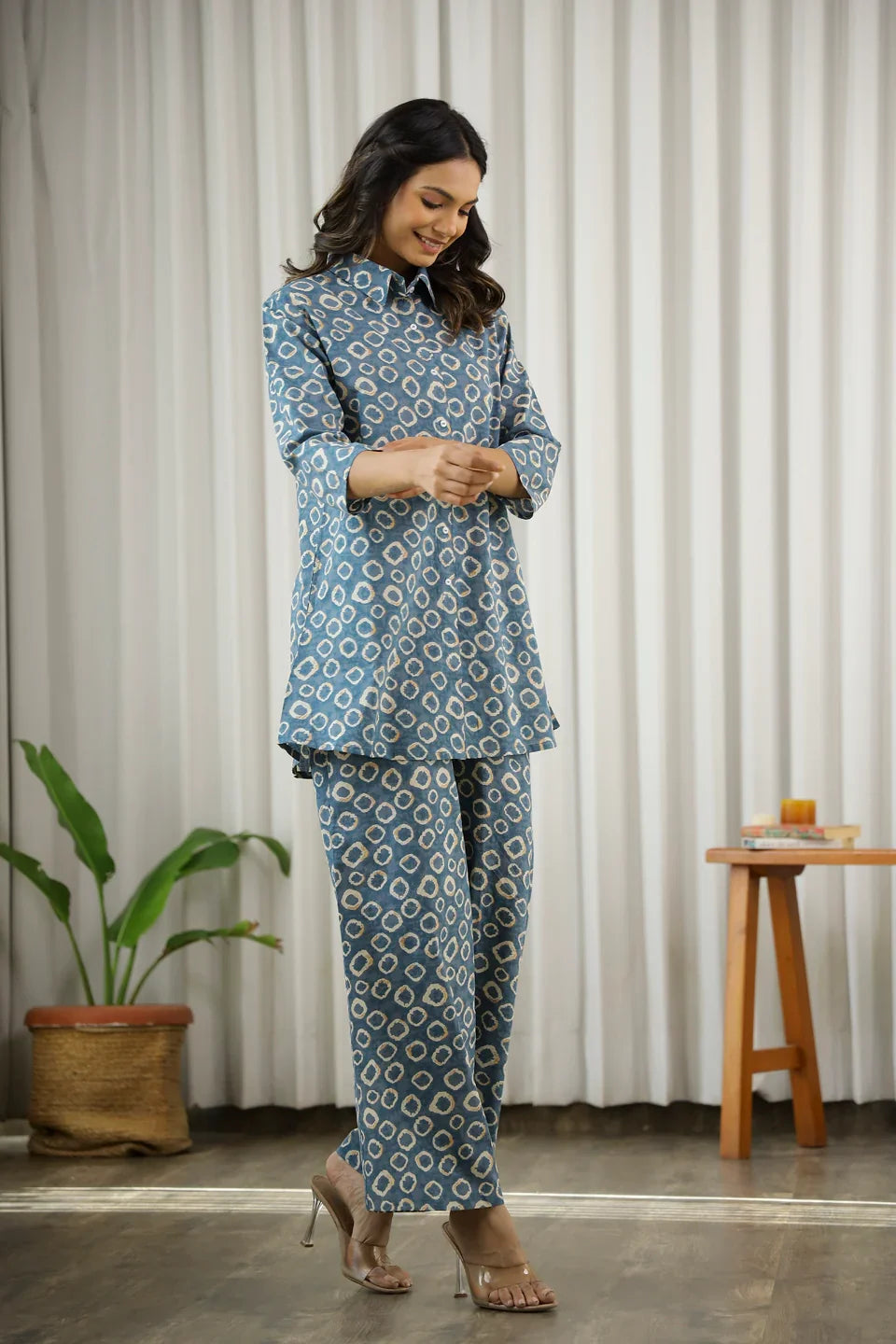 Blue Cotton palazzo Co-ord Set - SanskrutiHomes 