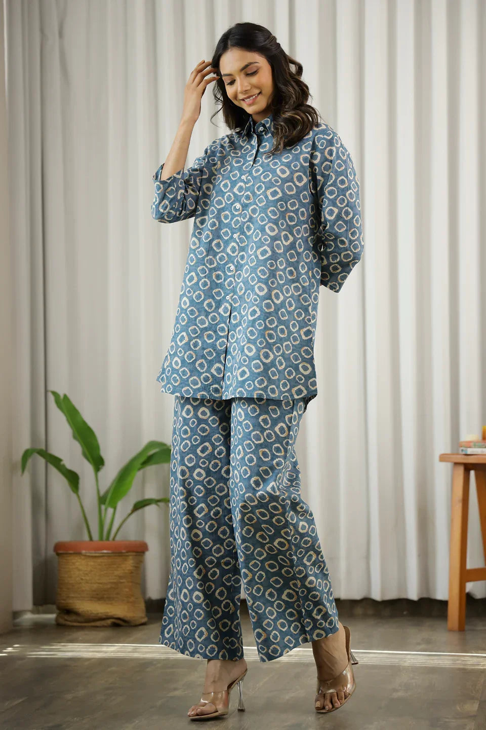 Blue Cotton palazzo Co-ord Set - SanskrutiHomes 