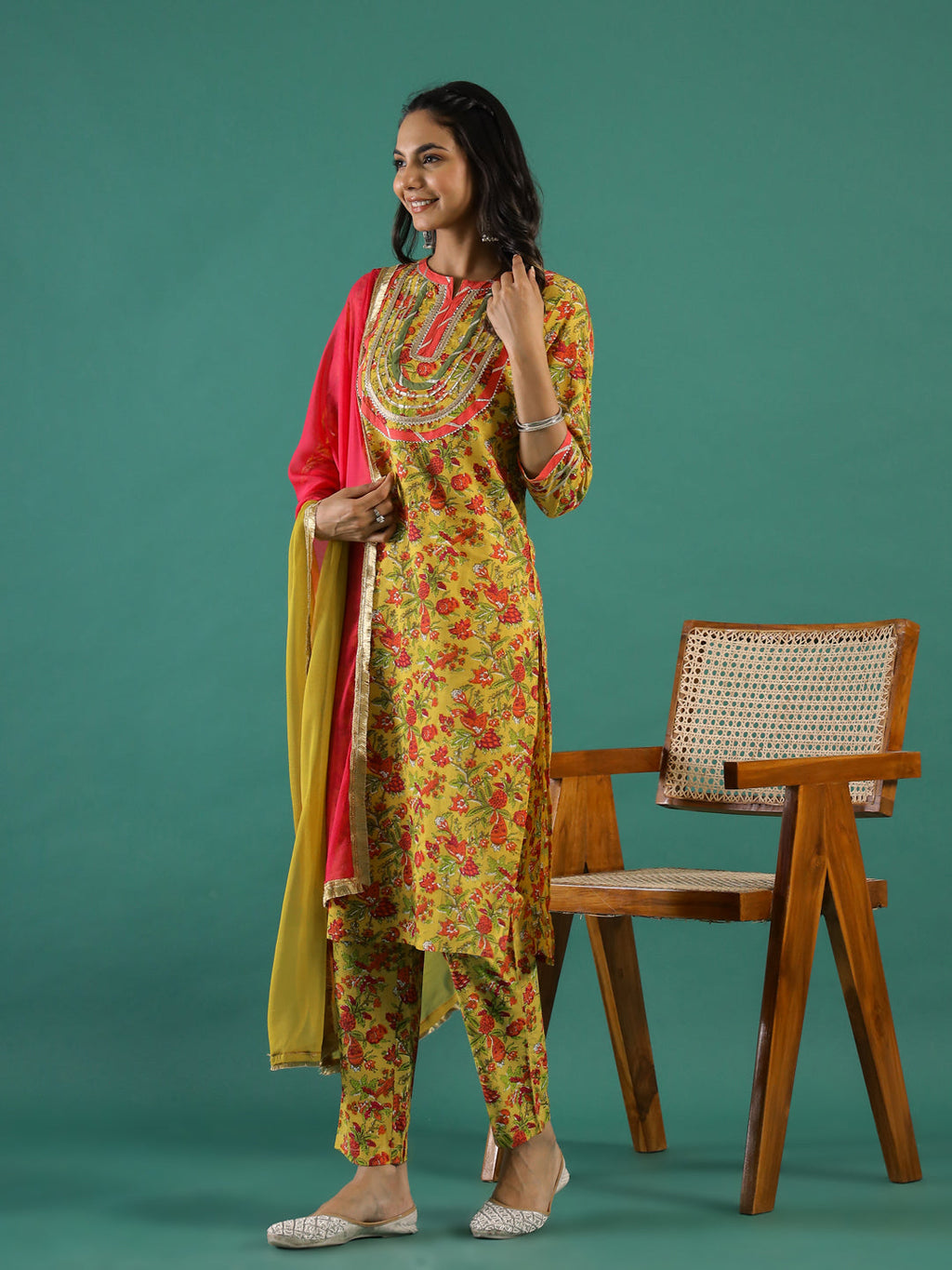Yellow & Pink Kurta Set - SanskrutiHomes 