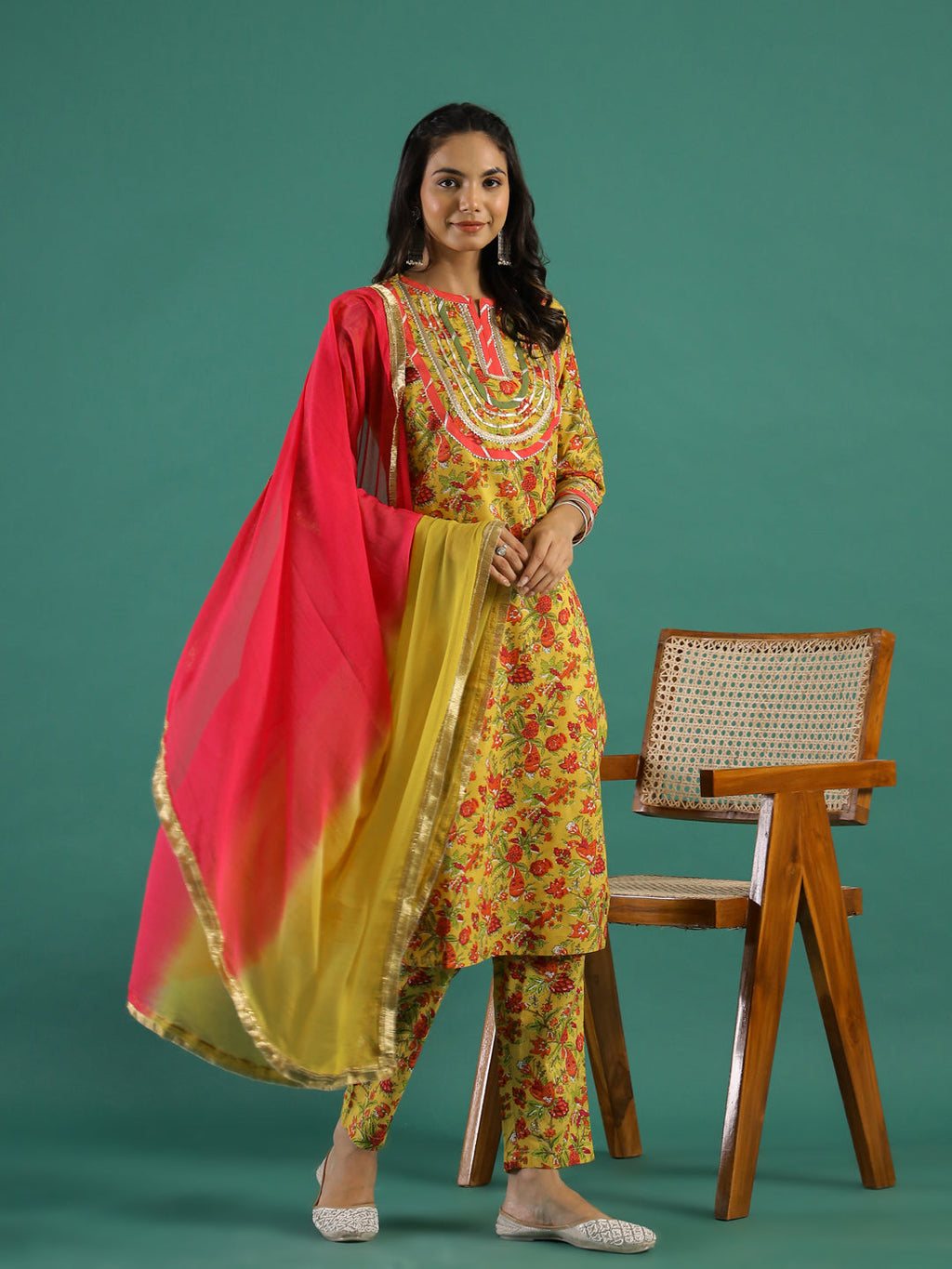 Yellow & Pink Kurta Set - SanskrutiHomes 