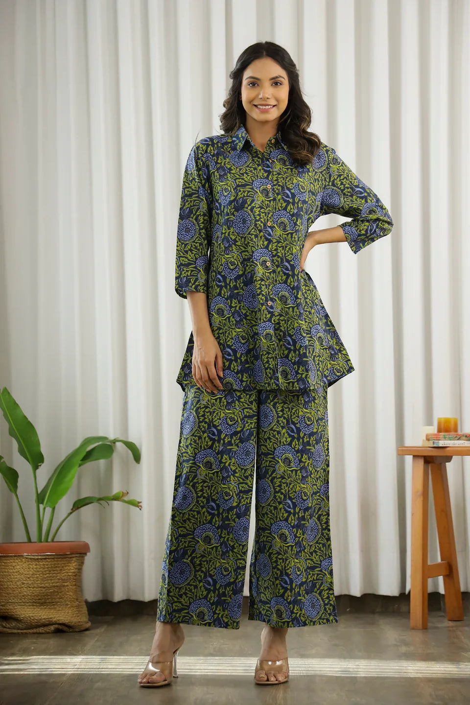 Green Cotton palazzo Night Suit Set for Women - SanskrutiHomes 