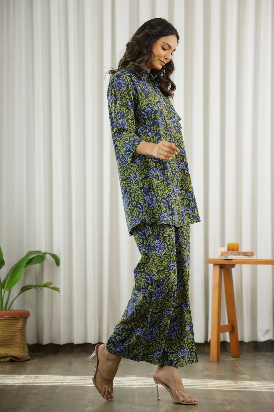 Green Cotton palazzo Night Suit Set for Women - SanskrutiHomes 