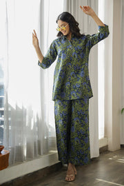 Green Cotton palazzo Night Suit Set for Women - SanskrutiHomes 