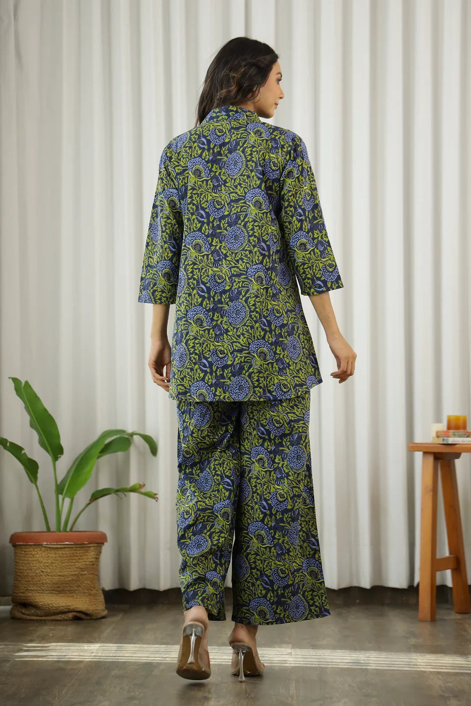 Green Cotton palazzo Night Suit Set for Women - SanskrutiHomes 