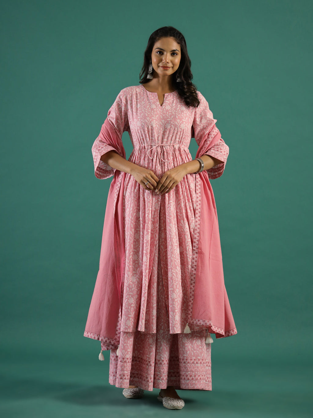 Pink Floral Printed Cotton Kurta with Dupatta - SanskrutiHomes 