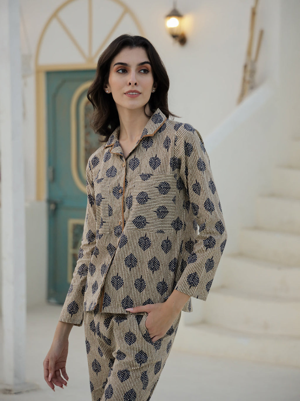 Leaf Printed Cotton Night Suit Set - SanskrutiHomes 