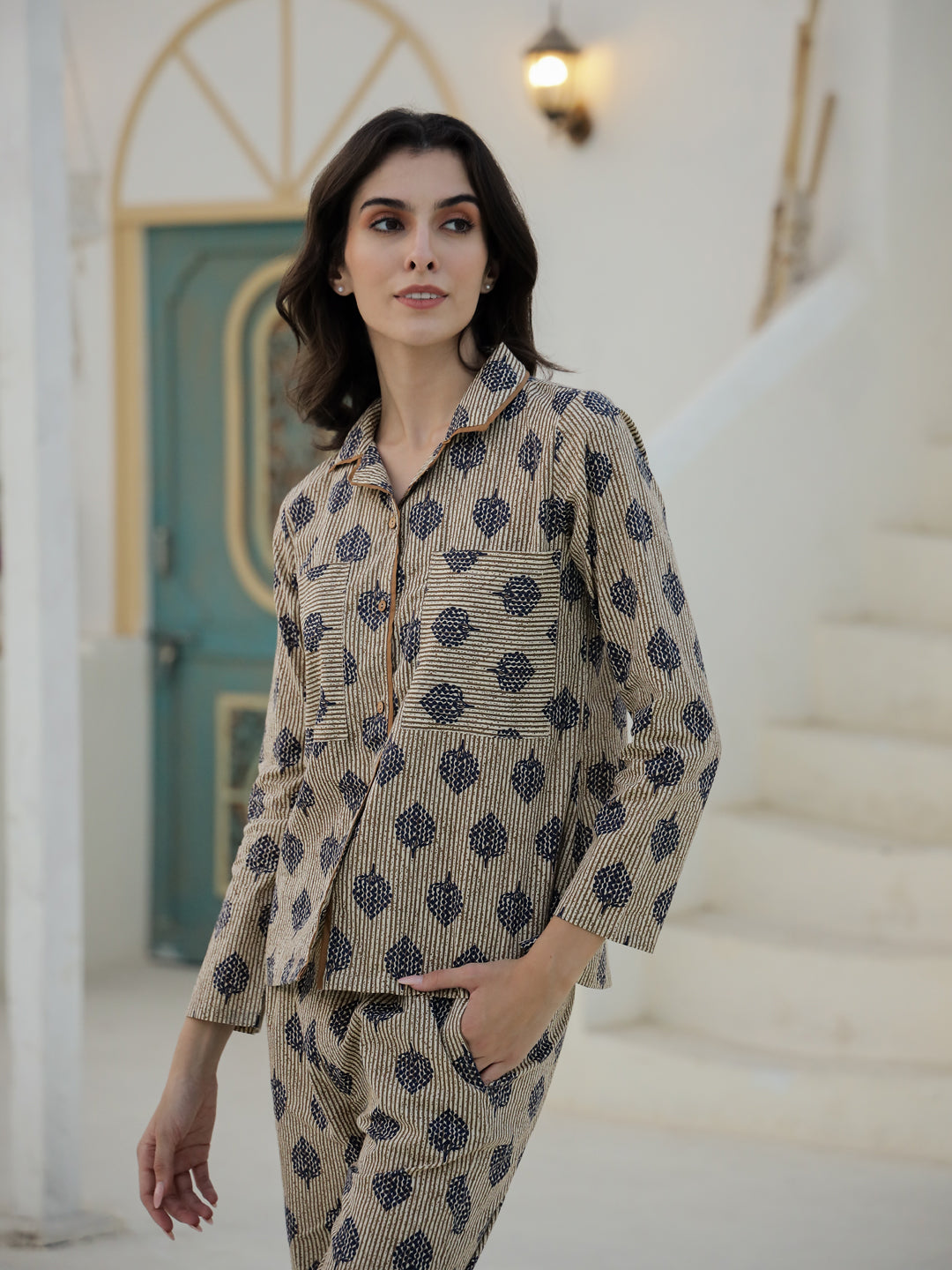Leaf Printed Cotton Night Suit Set - SanskrutiHomes 