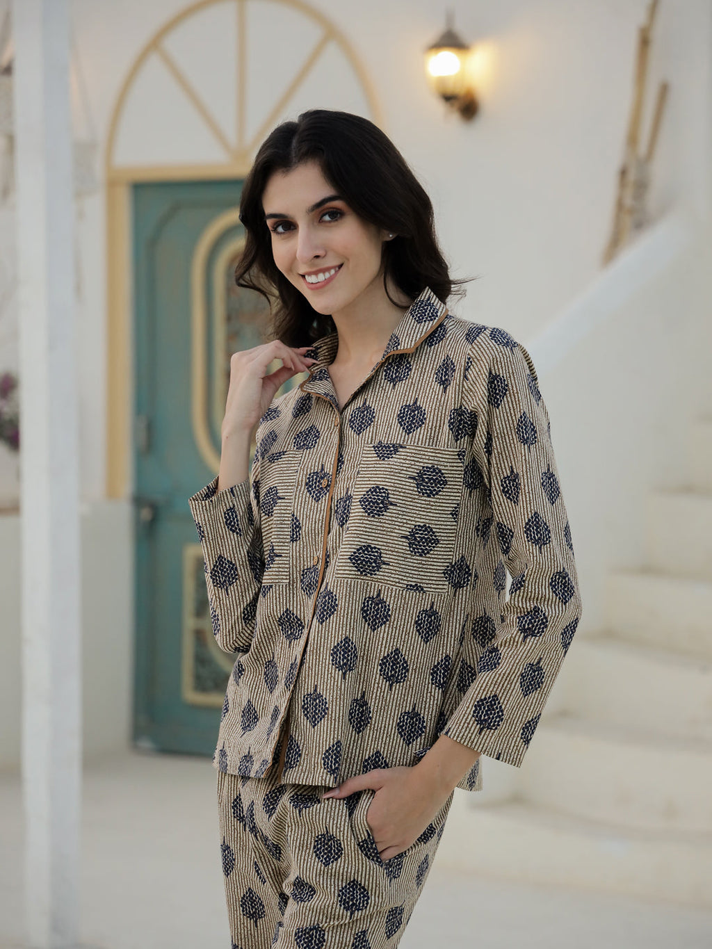 Leaf Printed Cotton Night Suit Set - SanskrutiHomes 