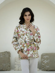 Floral Printed V-Neck Quilted Jacket for Women - SanskrutiHomes 