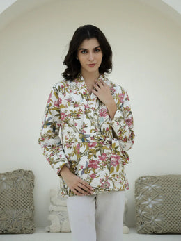 Floral Printed V-Neck Quilted Jacket for Women - SanskrutiHomes 