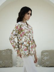 Floral Printed V-Neck Quilted Jacket for Women - SanskrutiHomes 