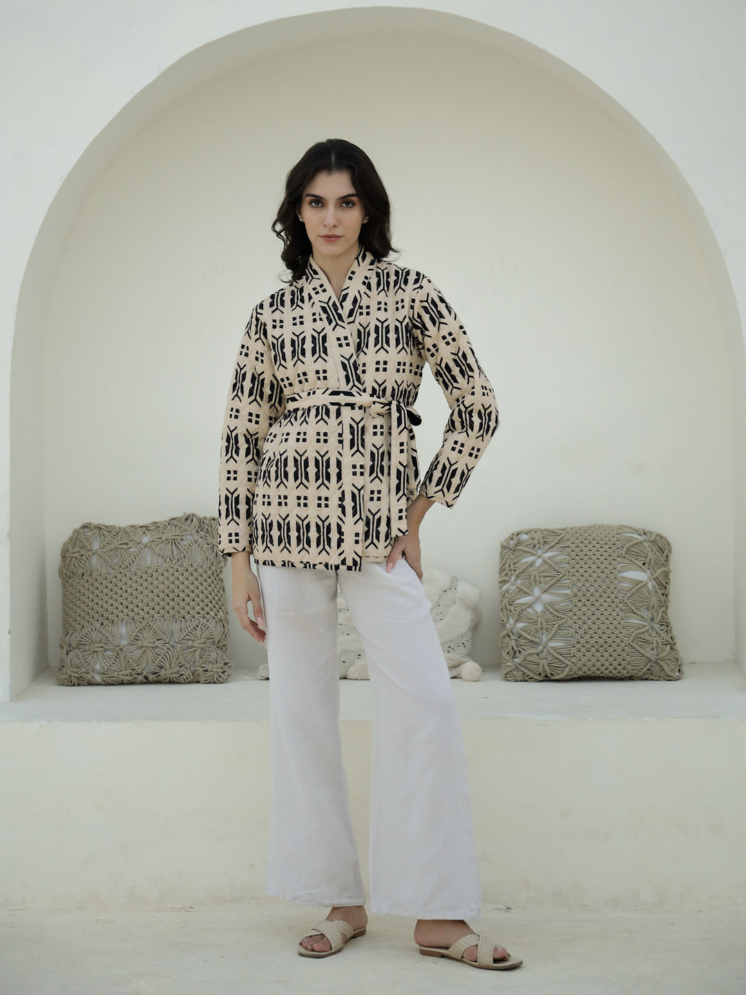 Cream Color Geometric Print Quilted Jacket - SanskrutiHomes 