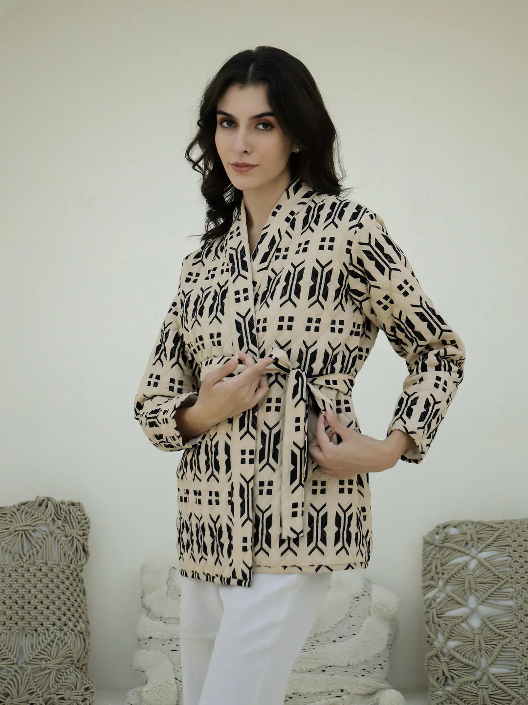 Cream Color Geometric Print Quilted Jacket - SanskrutiHomes 