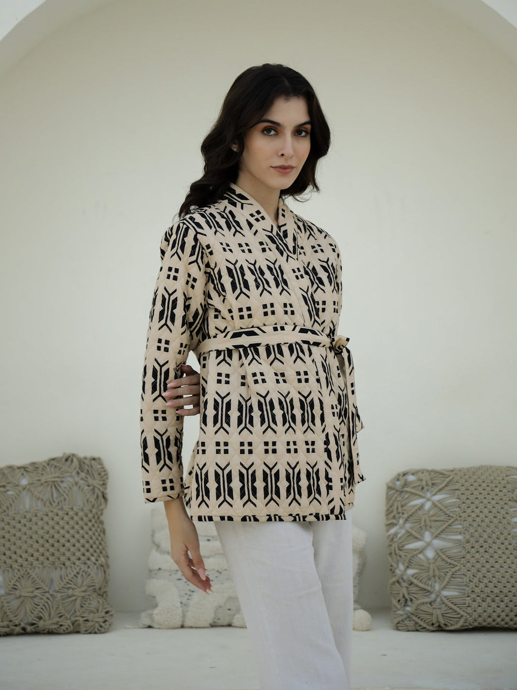 Cream Color Geometric Print Quilted Jacket - SanskrutiHomes 