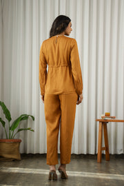 Ochre Solid Round Neck Cotton Blend Co-Ord Set For Women
