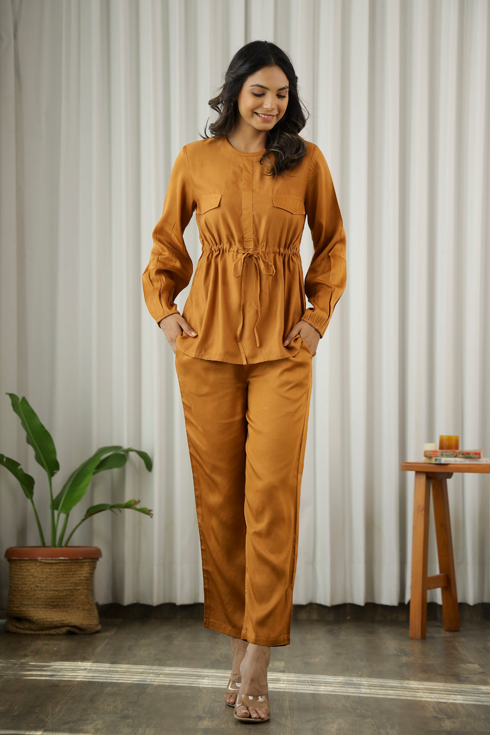 Ochre Solid Round Neck Cotton Blend Co-Ord Set For Women