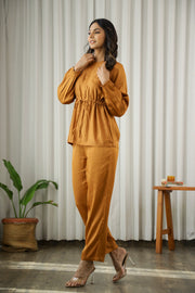 Ochre Solid Round Neck Cotton Blend Co-Ord Set For Women