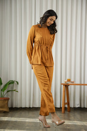 Ochre Solid Round Neck Cotton Blend Co-Ord Set For Women