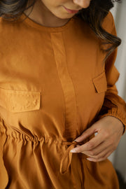 Ochre Solid Round Neck Cotton Blend Co-Ord Set For Women