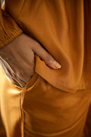Ochre Solid Round Neck Cotton Blend Co-Ord Set For Women