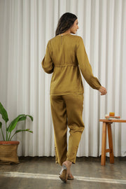 Brown Solid Round Neck Cotton Blend Co-Ord Set For Women