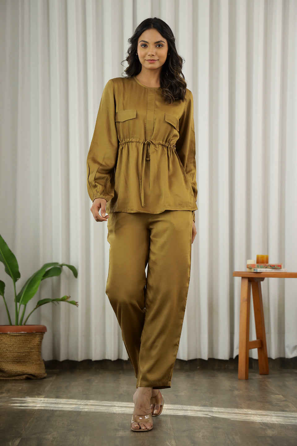 Brown Solid Round Neck Cotton Blend Co-Ord Set For Women