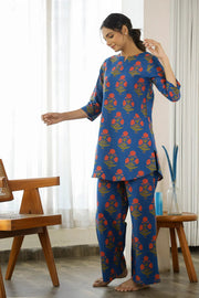 Blue Printed Cotton Loungewear Set - SanskrutiHomes 