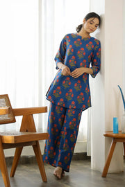 Blue Printed Cotton Loungewear Set - SanskrutiHomes 