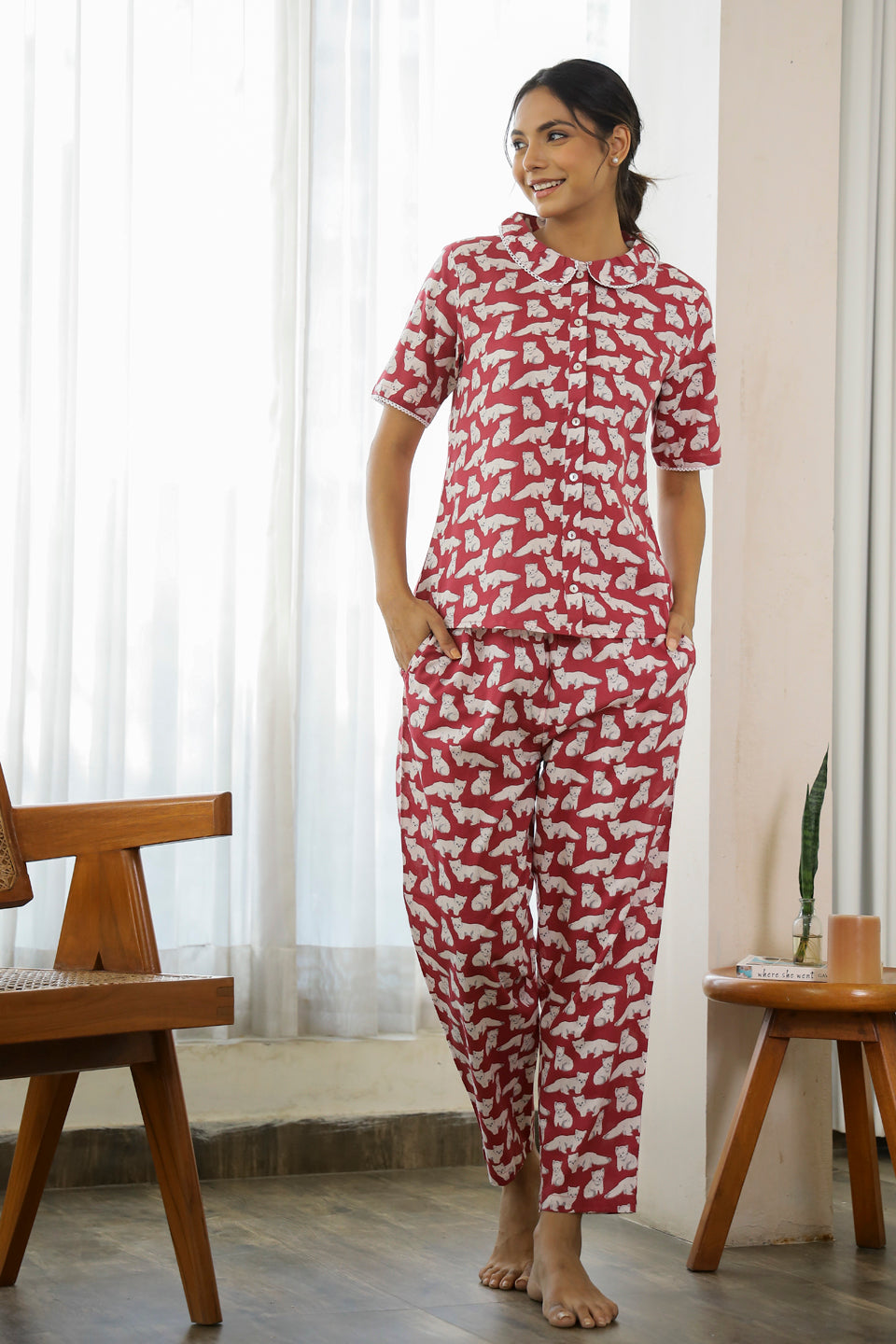 Cat Wine  Cotton Night Suit