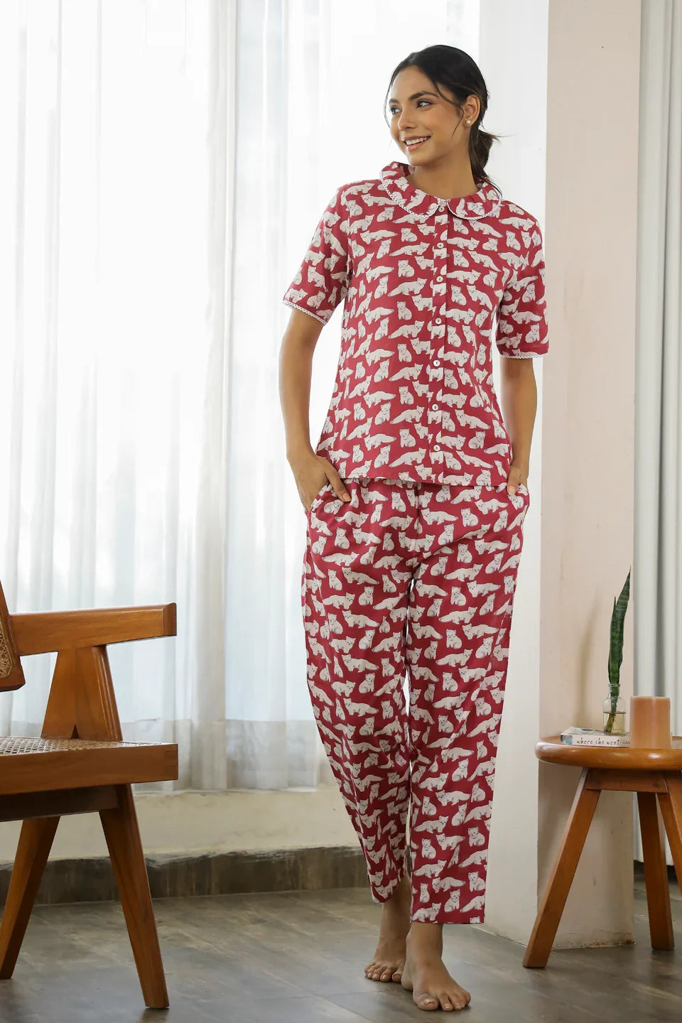 Cat wine Cotton Night Suit - SanskrutiHomes 
