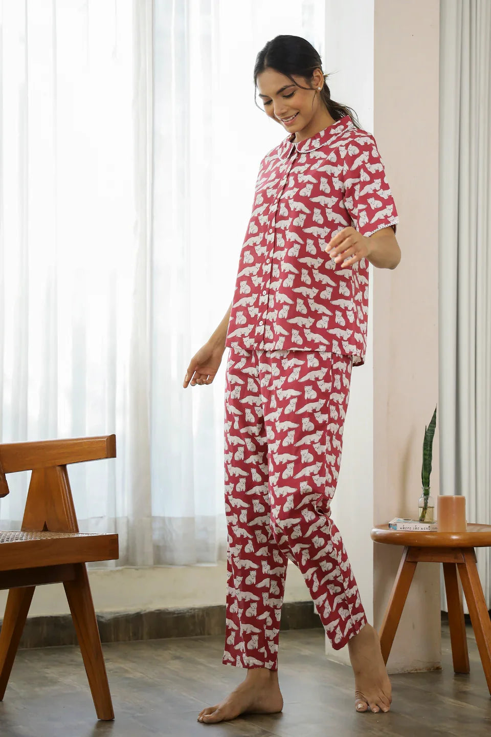 Cat wine Cotton Night Suit - SanskrutiHomes 