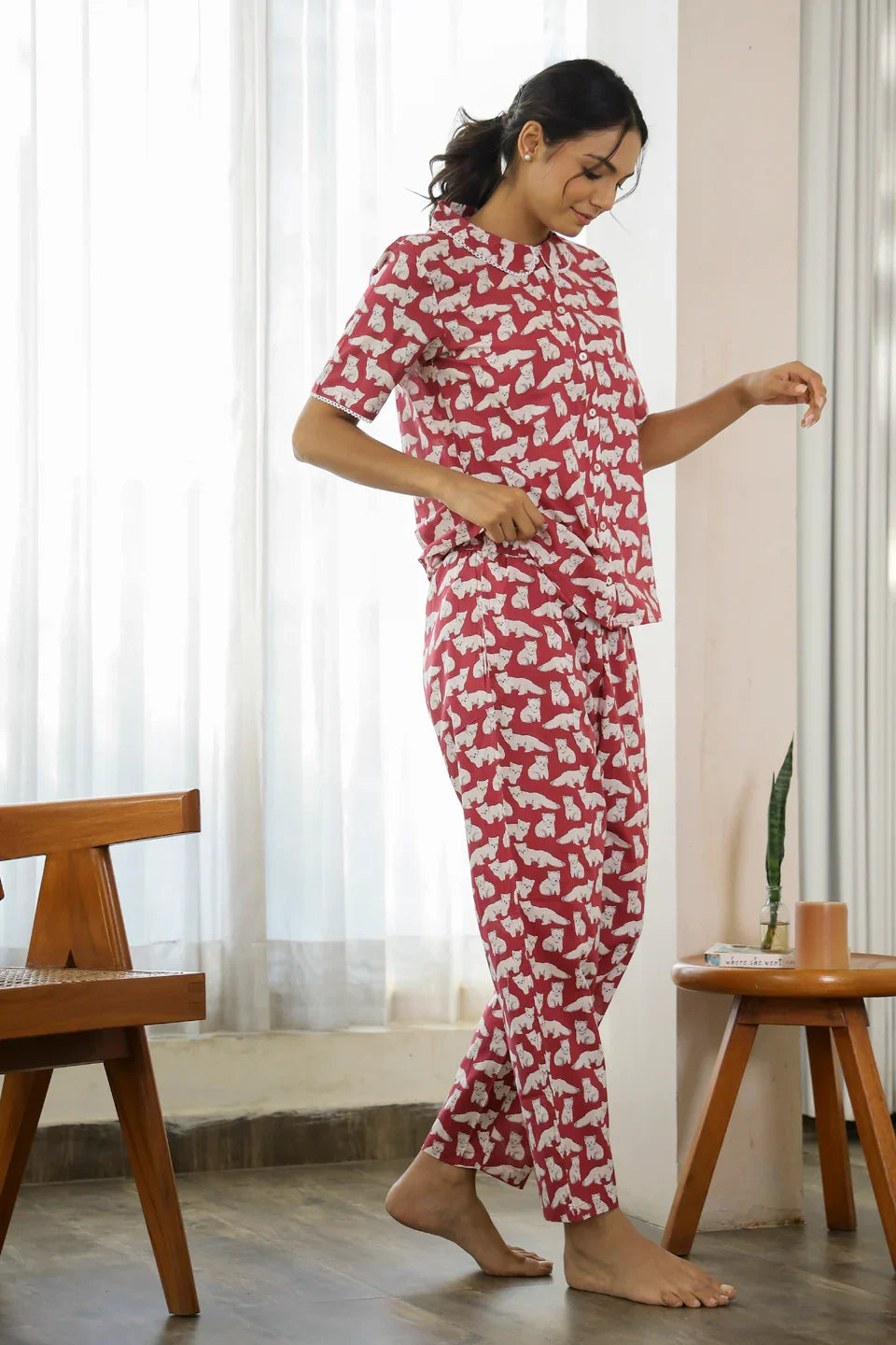 Cat wine Cotton Night Suit - SanskrutiHomes 