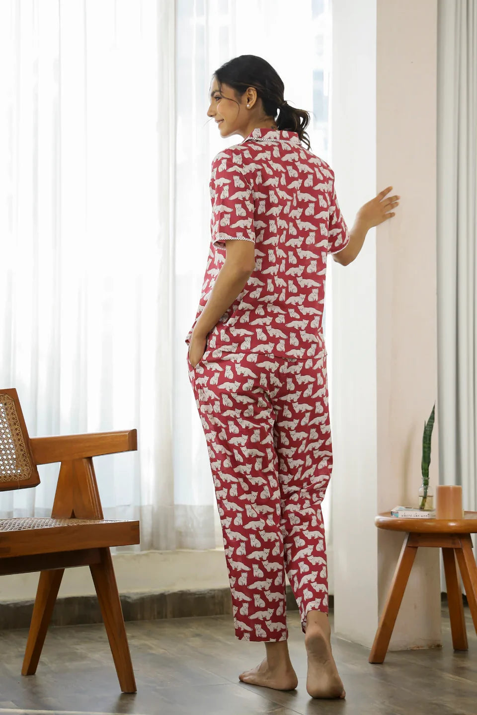 Cat wine Cotton Night Suit - SanskrutiHomes 