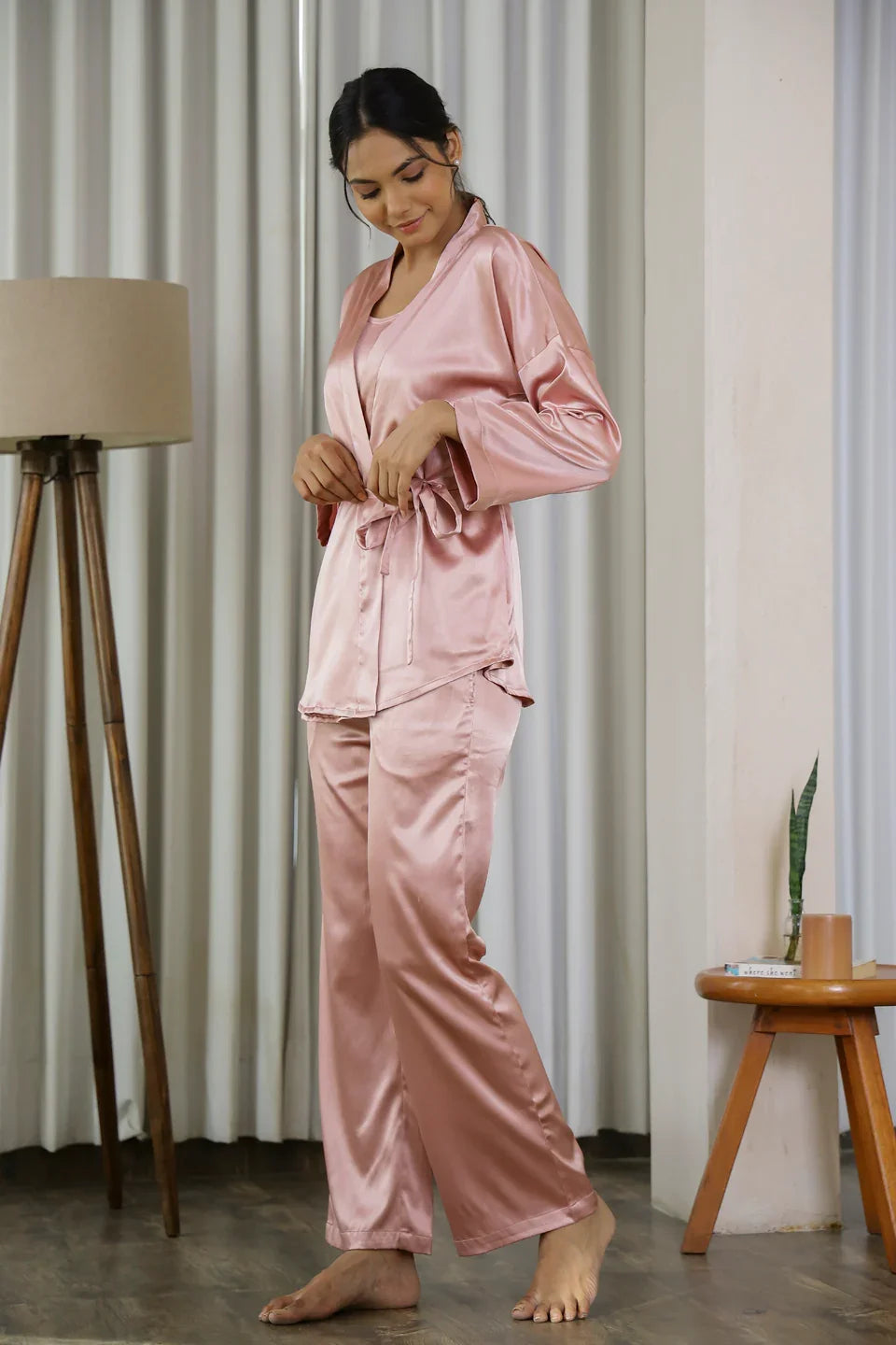 Pink Satin 3Pcs. Night Suit Set - SanskrutiHomes 