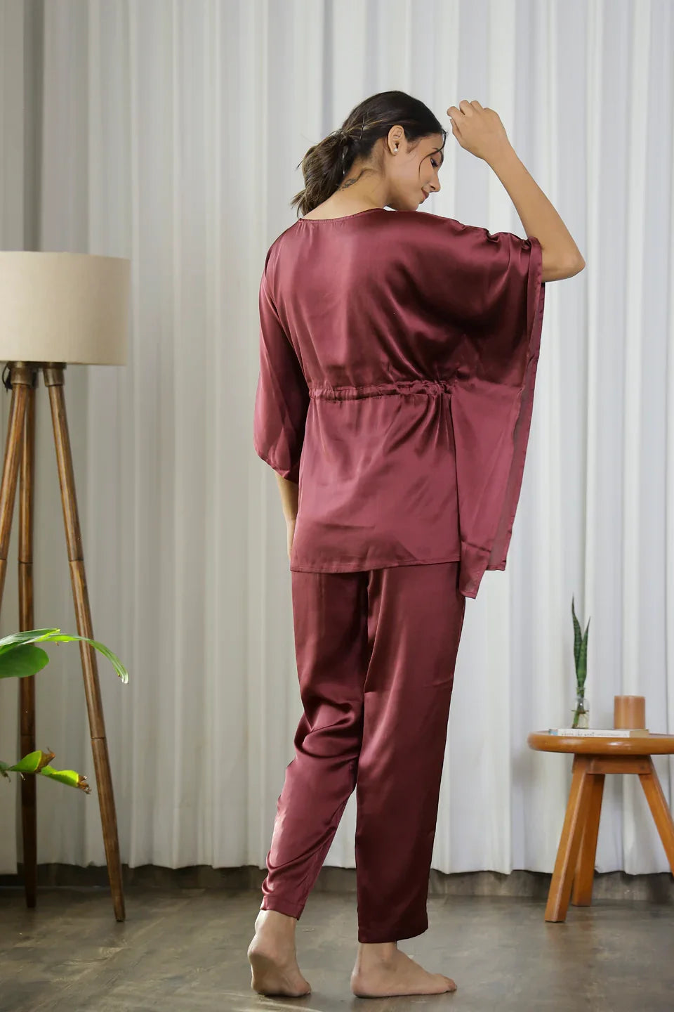 Wine Satin Kaftan Set - SanskrutiHomes 