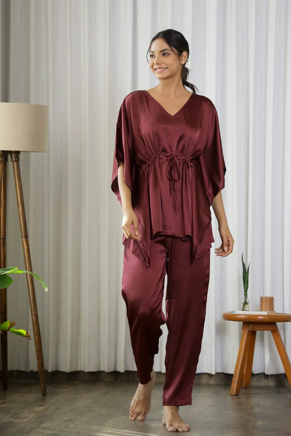 Wine Satin Kaftan Set - SanskrutiHomes 