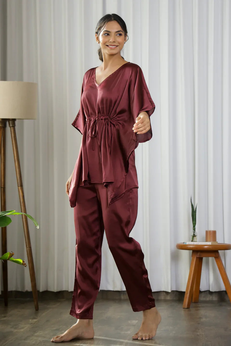 Wine Satin Kaftan Set - SanskrutiHomes 